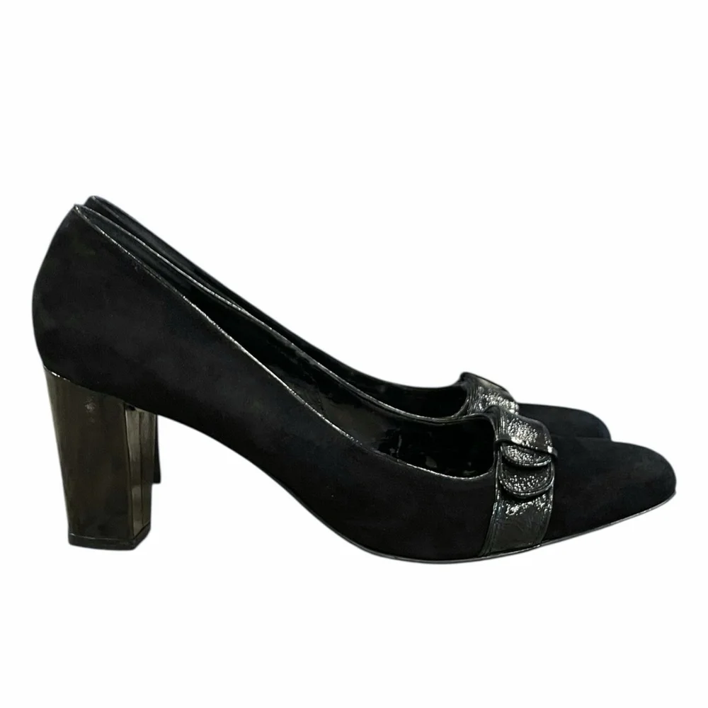 Enzo Angiolini Womens 9.5M Eatotiana Pumps Block Heel Suede Patent Accent Black